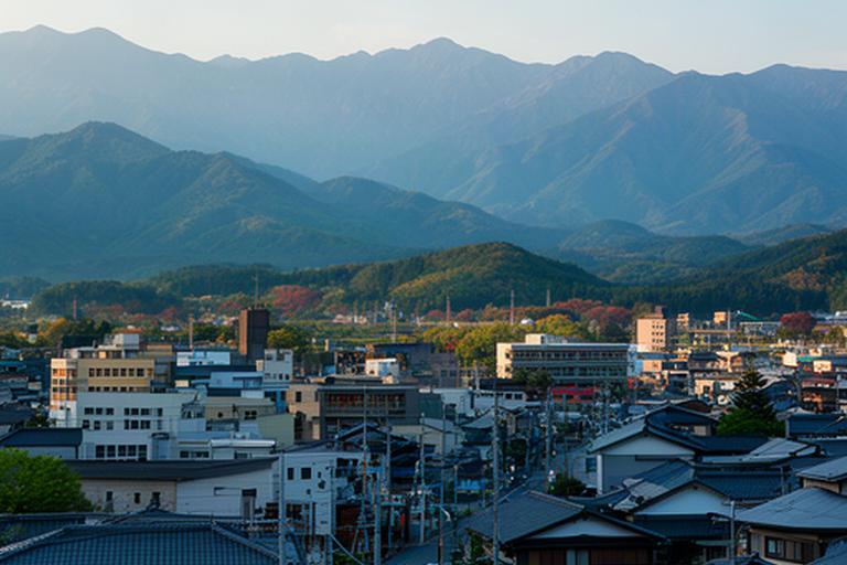 岩手県花巻市の街並みと山並みを望むスポーツメディア編集部周辺の風景
