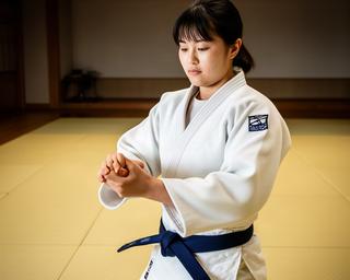 畳の上で組み手を確認する日本人柔道選手、試合前の道場
