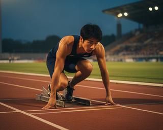 トラックでスタート姿勢を取る日本人陸上選手、夕方の競技場