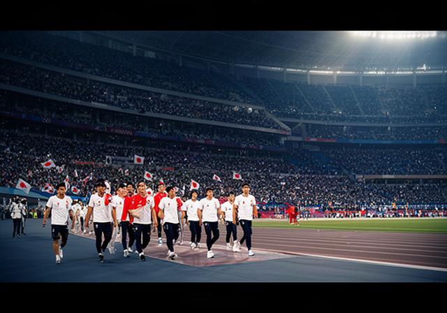 競技場で日本代表選手が入場する瞬間を捉えた写真、観客席に日の丸が見える
